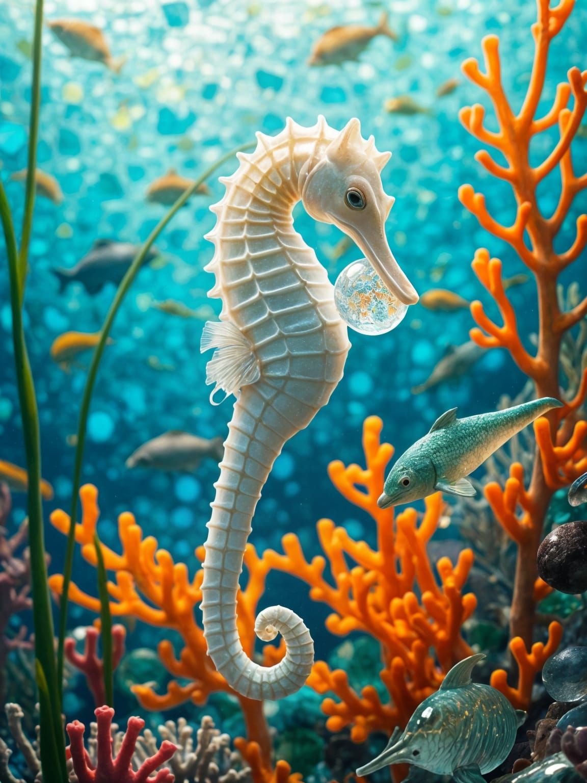 Hyperrealistic Sea Glass Seahorse and Dolphin Underwater Sce...