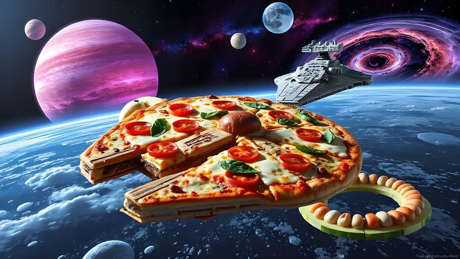 Edible Millennium Falcon Pizza in a Fruit Planet Galaxy