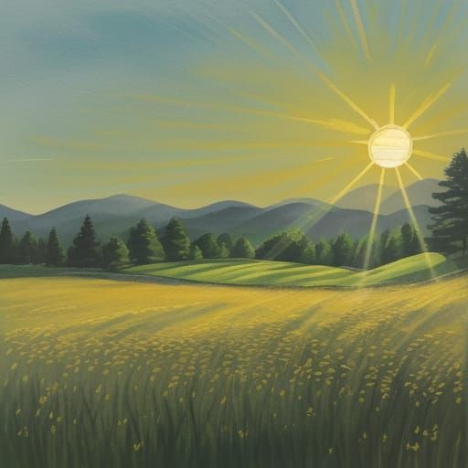 Ink Wash Meadow bathed in Golden Hour Sunlight