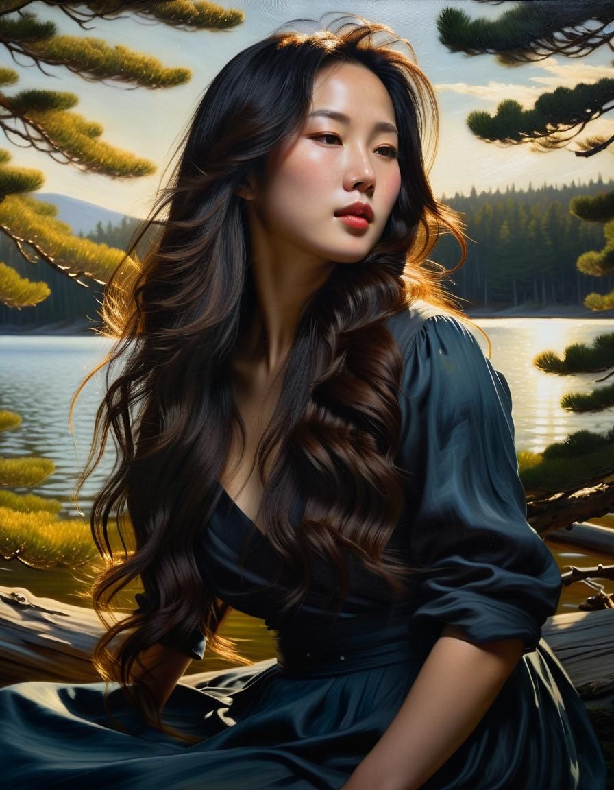 Korean Woman Lounging by Lake as Oil Painting