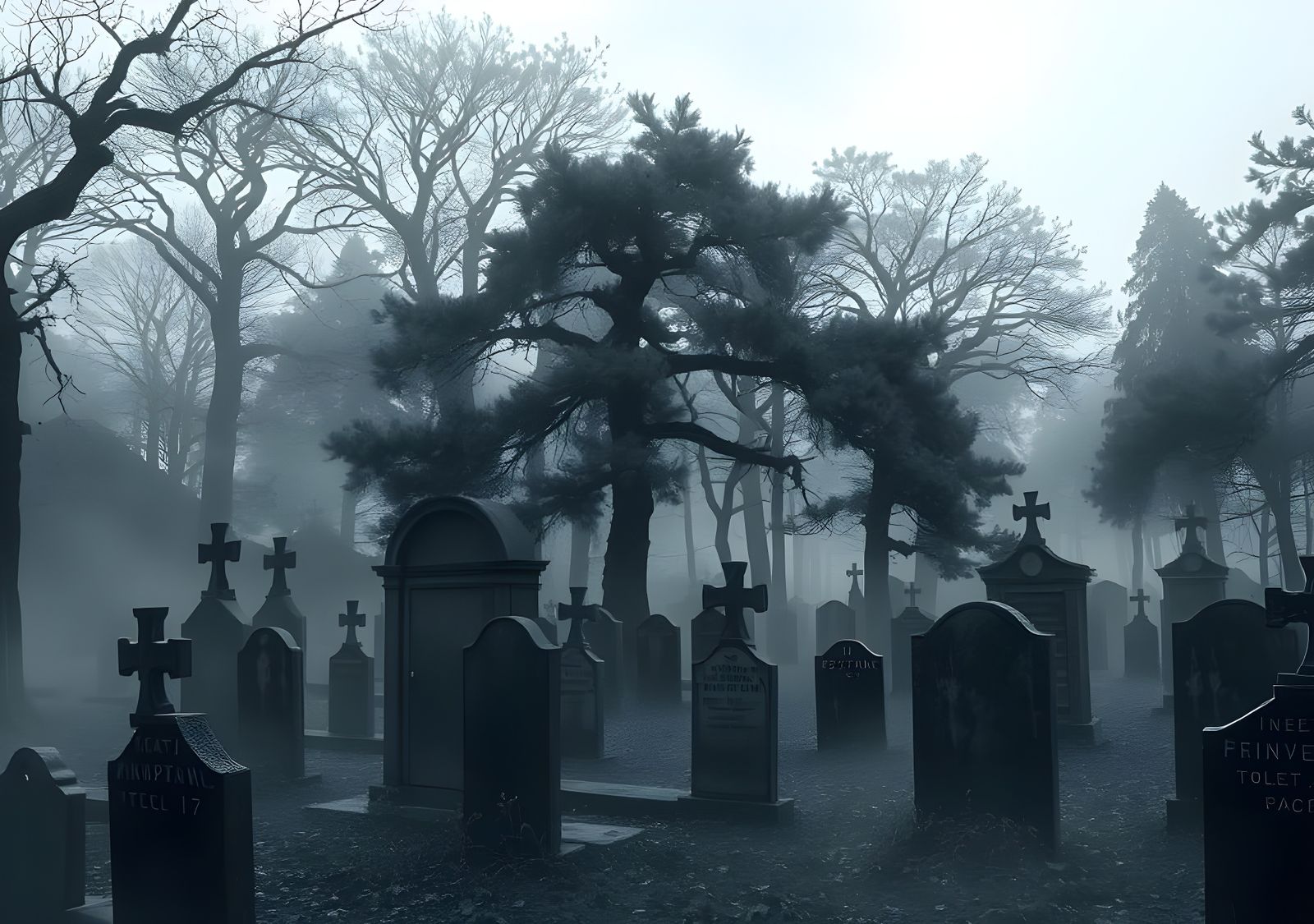 Ethereal Graveyard: Double Exposure of Forest and Tombs