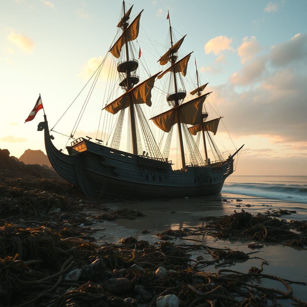 Shipwreck in a Fantastical Sunset Scene