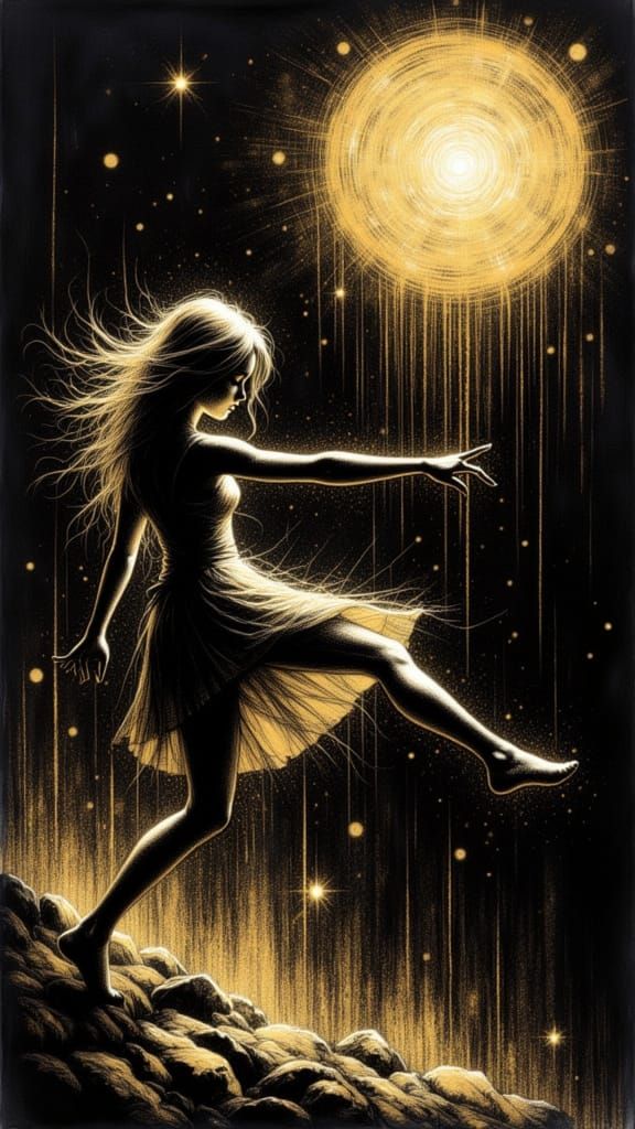 Woman Kicking Darkness Into Light with Gold Accents