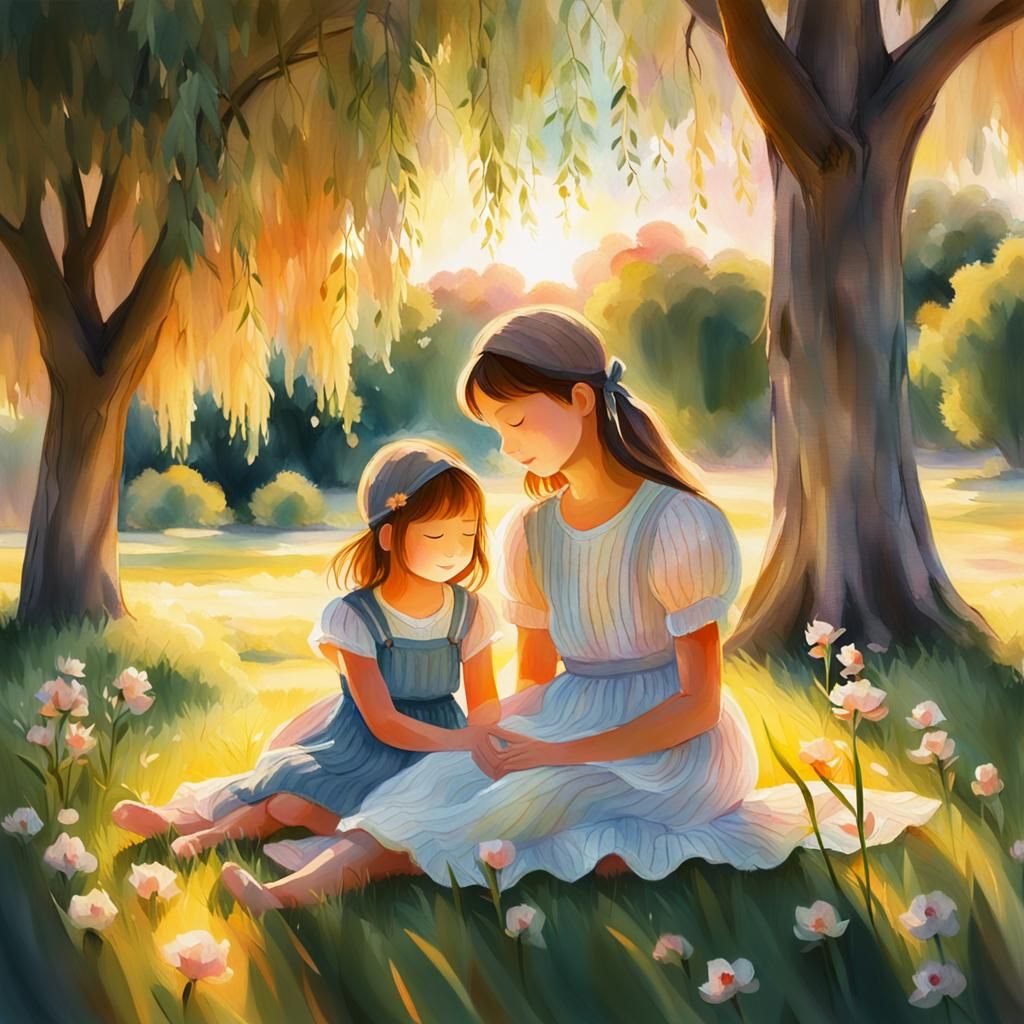 Impressionistic Sunset: Siblings in Flower Meadow