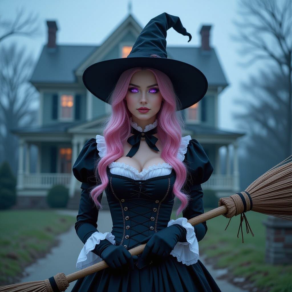 Pink Haired Witch Posing with Broomstick at Haunted House
