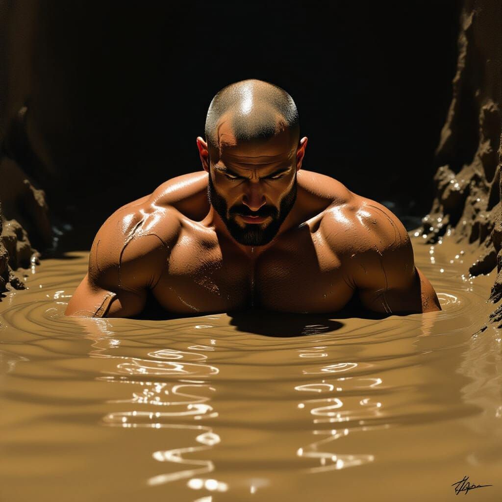 Muscular Man Sinks in Mud with Dramatic Lighting