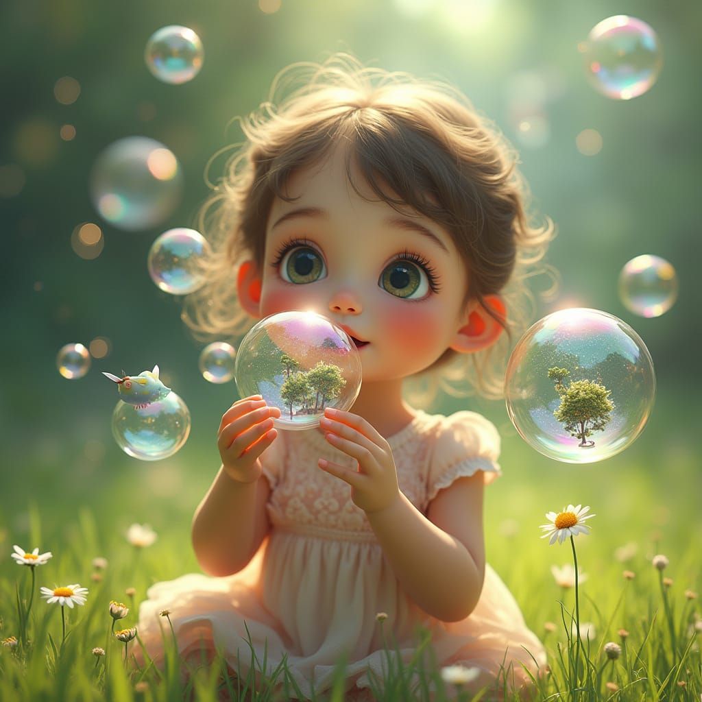 Girl Blowing Magical Bubbles With Tiny Worlds Inside