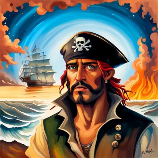 Menacing Pirate Portrait with Burning Ship Backdrop