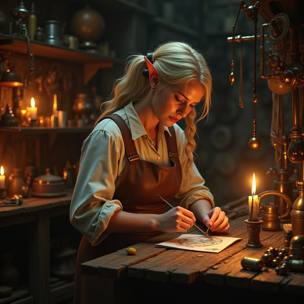 Half-Elf Artificer in Candlelit Workshop, Ashley Wood Style