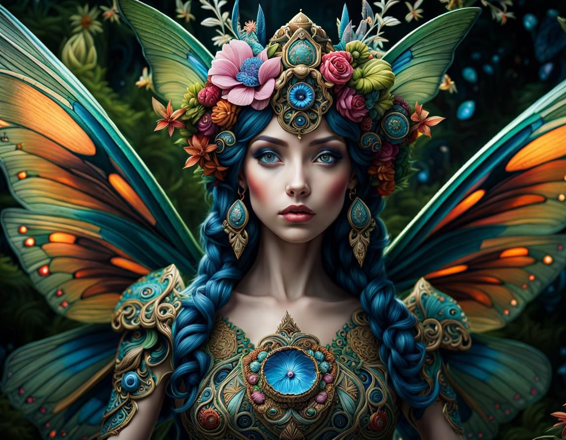Detailed Fairy Portrait with Fantasy Creatures