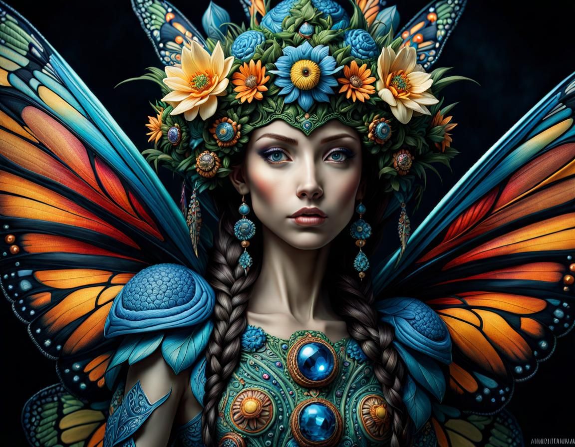 Detailed Kaleidoscope Fairy Portrait with Fantasy Creatures