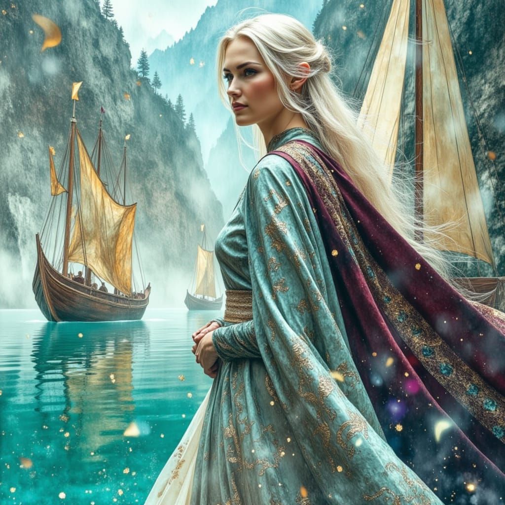 Mystical Elf in Elvish Harbour, Watercolour Style