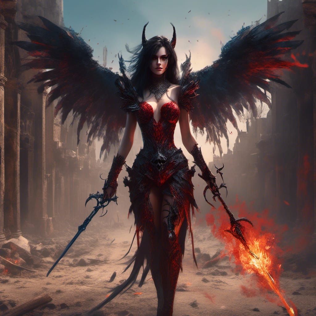 Fiery Demoness Walking on Sandy Street