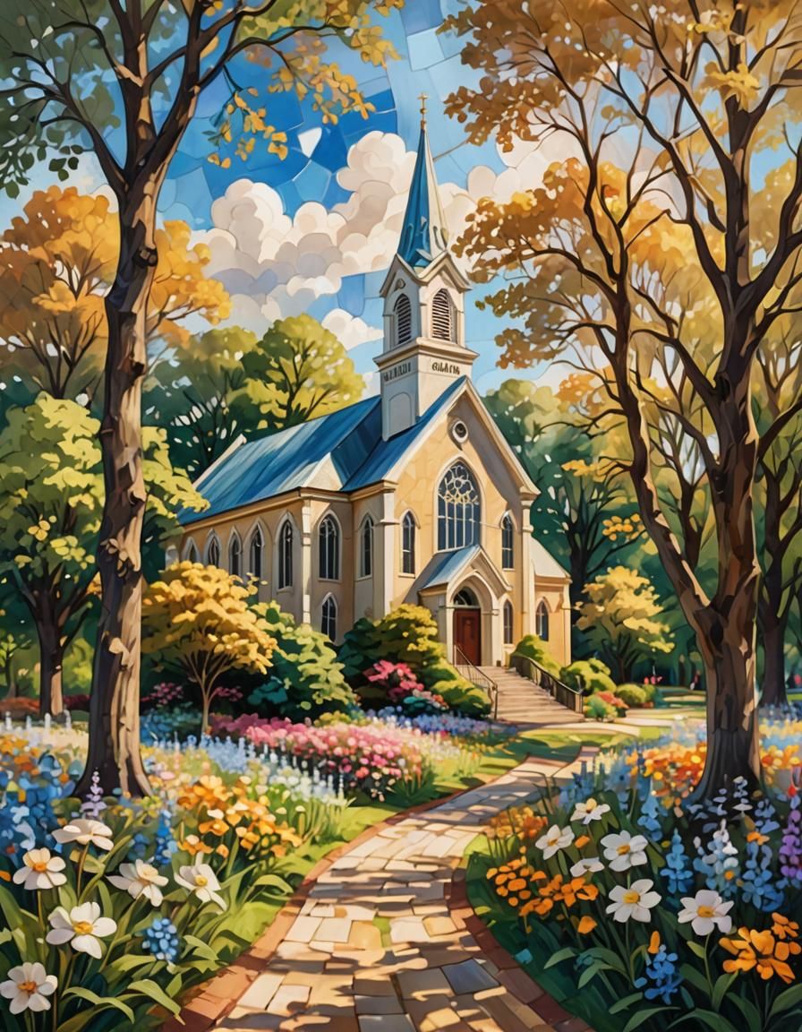 Impressionistic Country Church with Blue Flag Flower