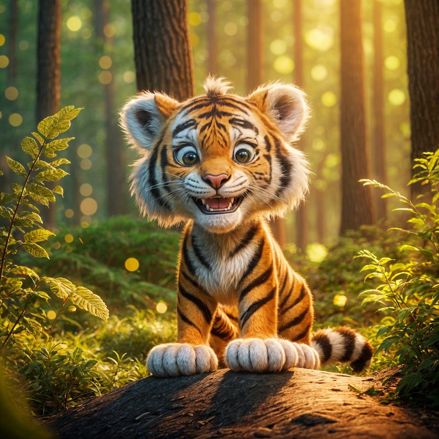 Cute Tiger Cub Playing in Forest: 3D Digital Art