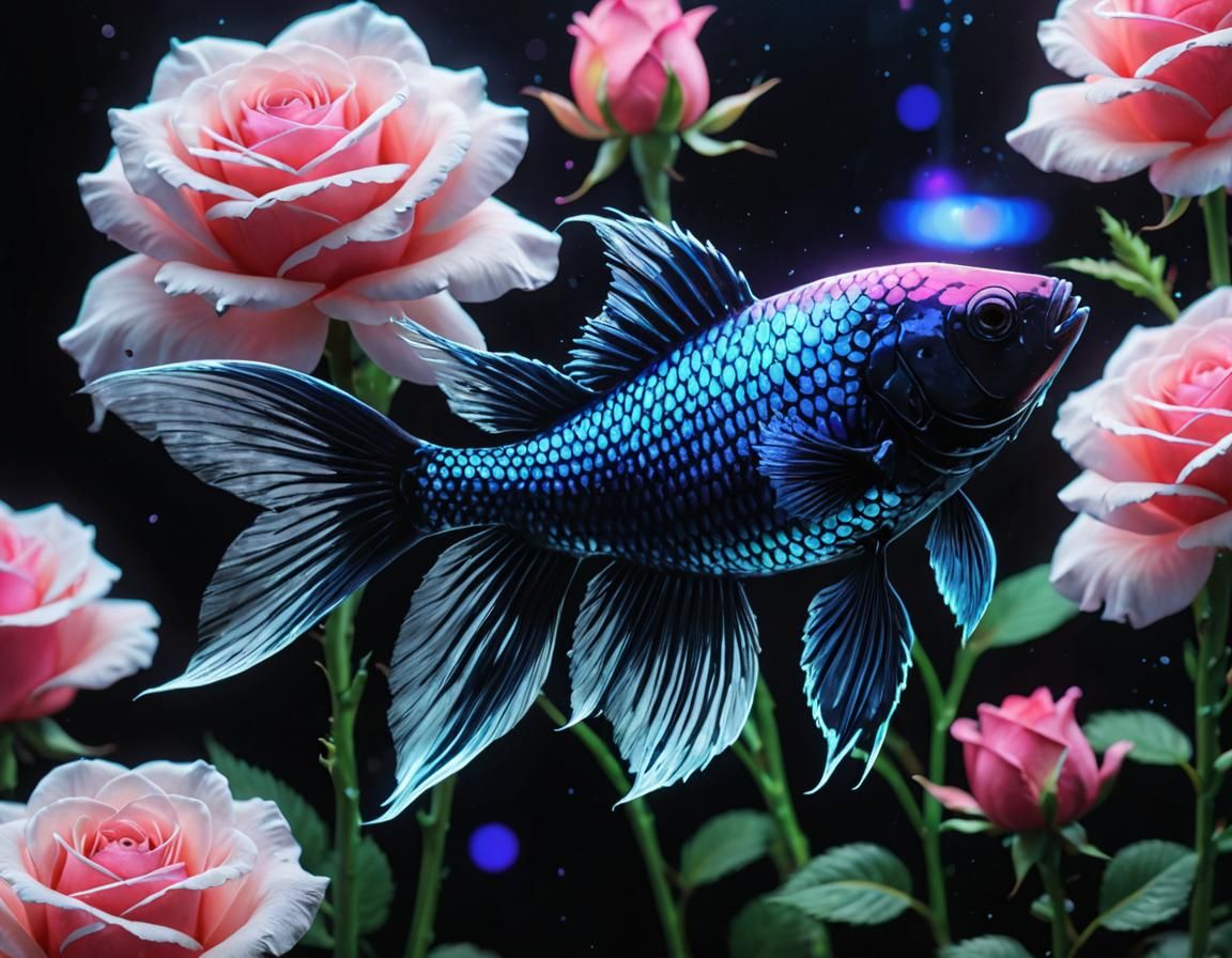 Holographic Beta Fish in Neon Watercolor Style