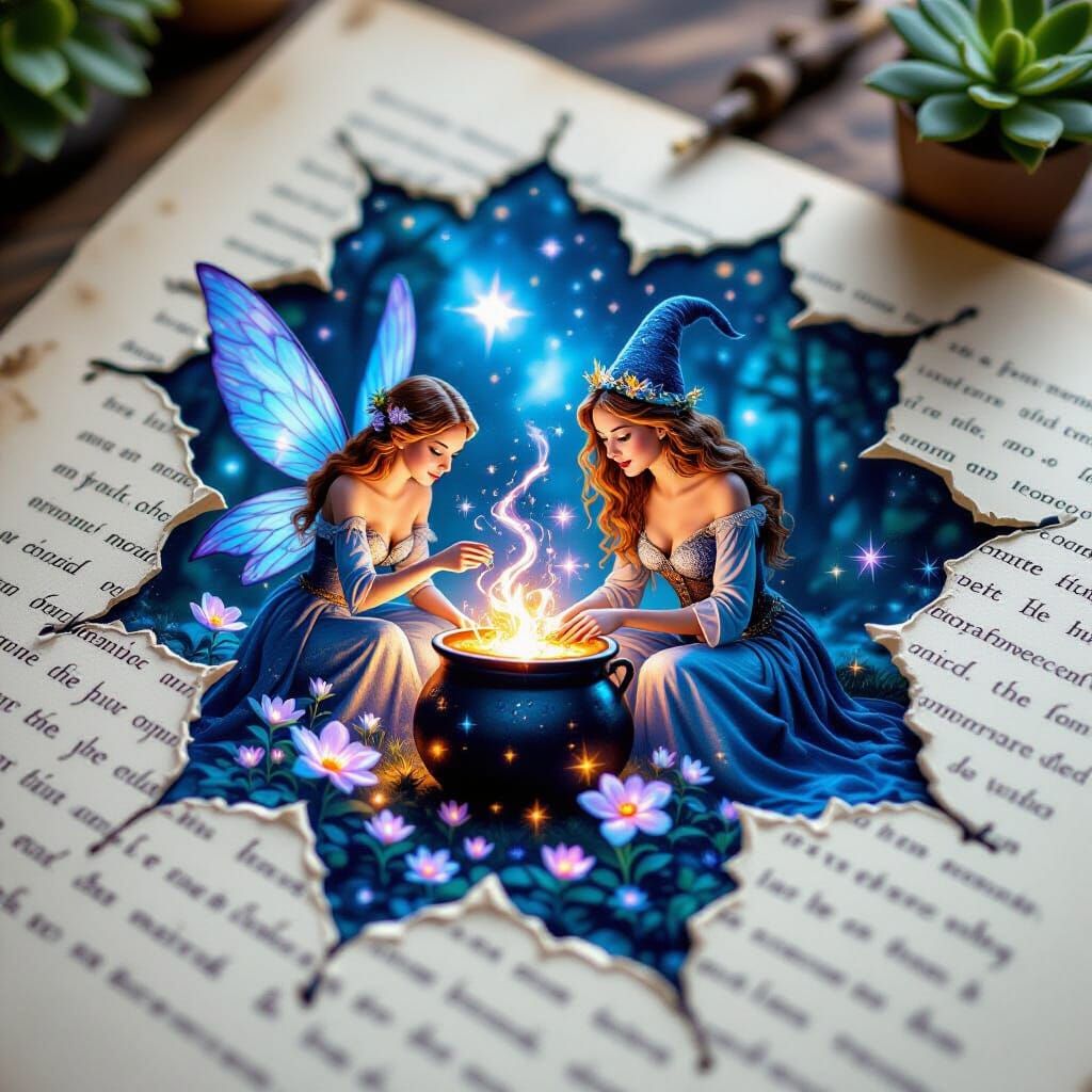 Fairy Tale Sorceress Brewing Potion on Magical Page