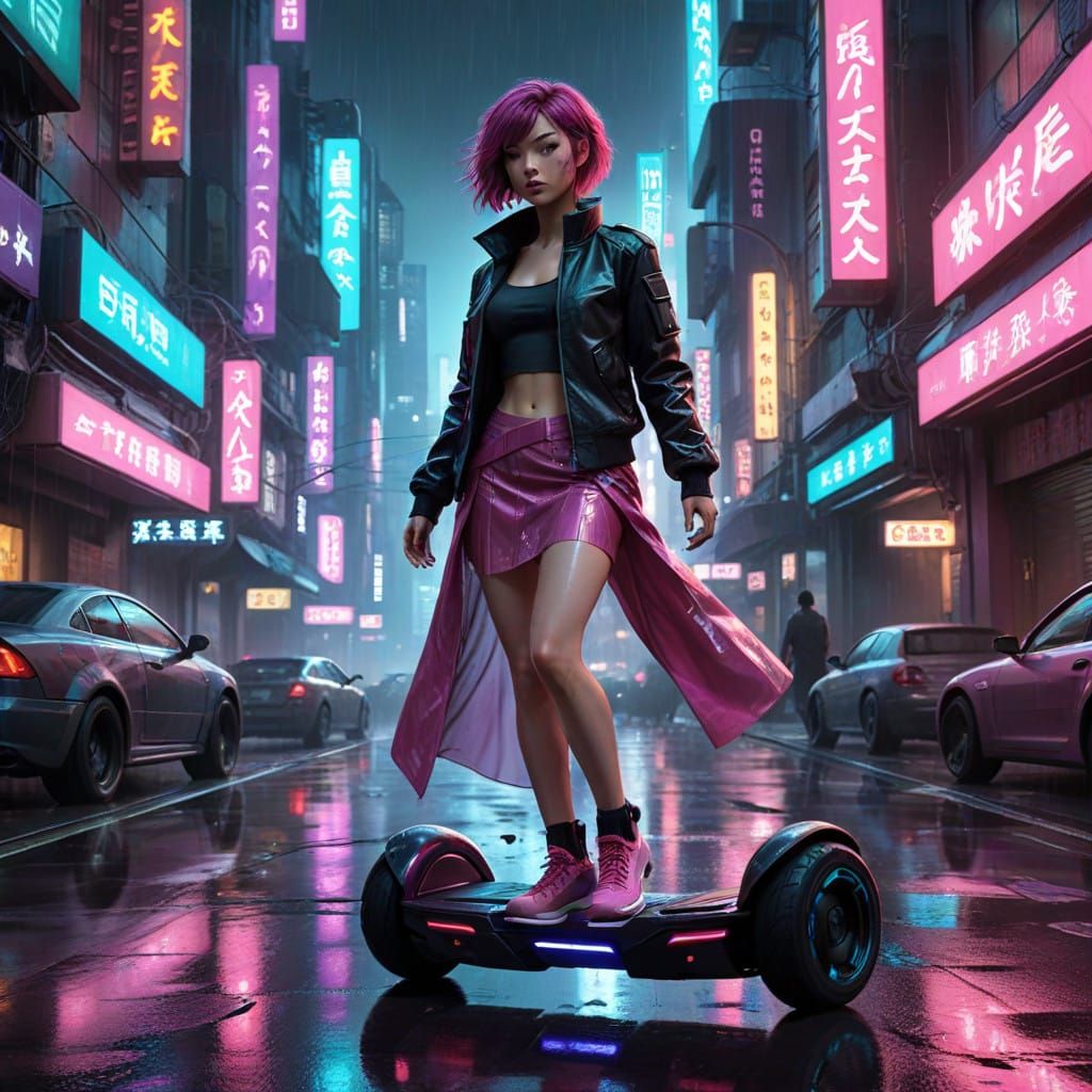 Cyberpunk Girl Zooms Through Neon-Lit Asian City on Hoverboa...