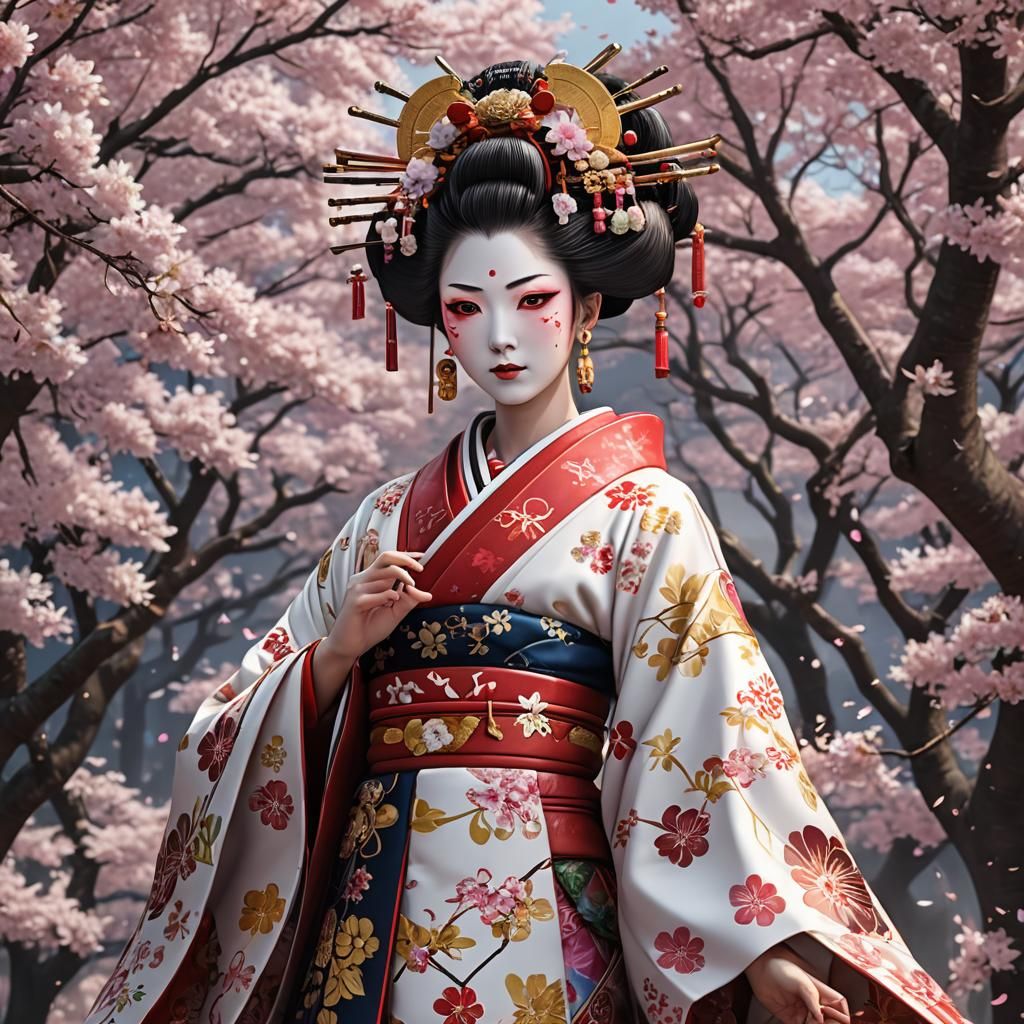 Oiran in Cherry Blossom Shower: Anime-Inspired 3D Art