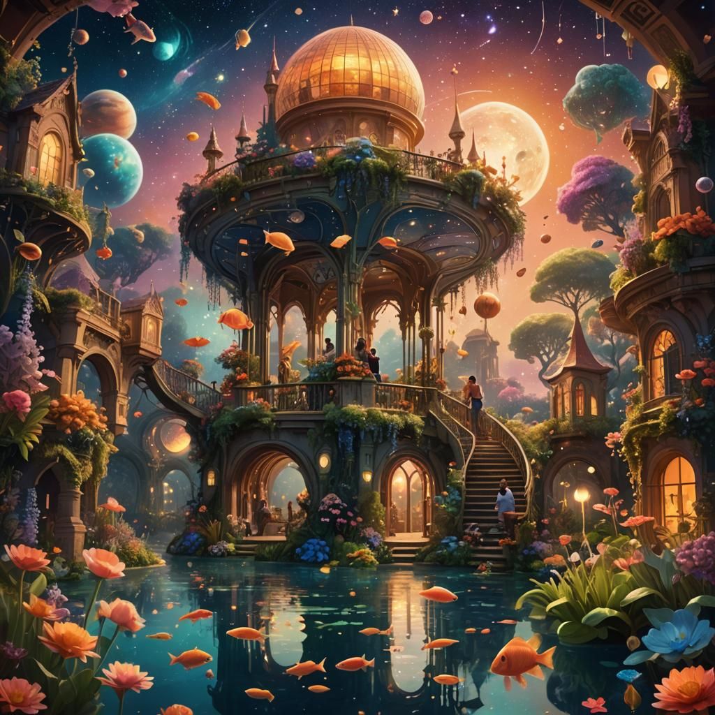 Whimsical Garden with Floating Figures, Surreal Oil Painting