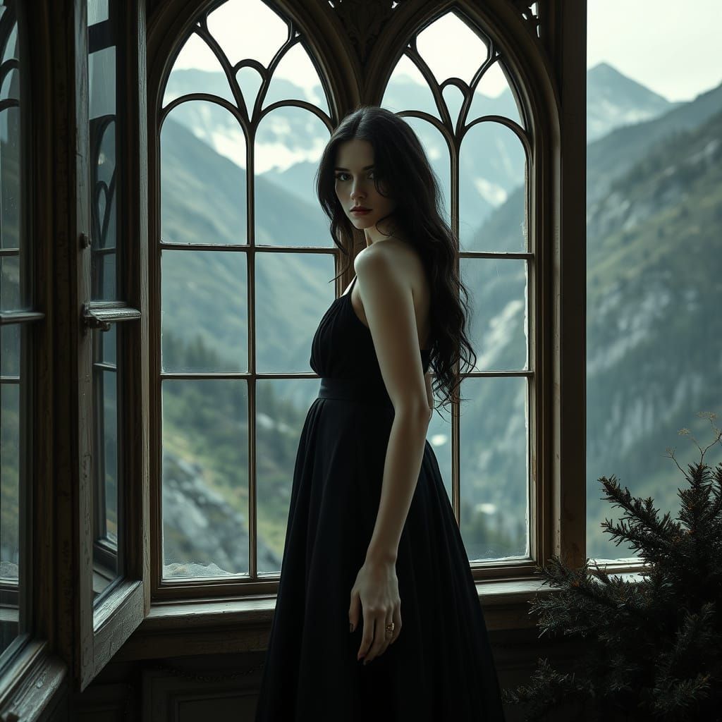 Ethereal Victorian Gothic Woman Contemplating the Mountains
