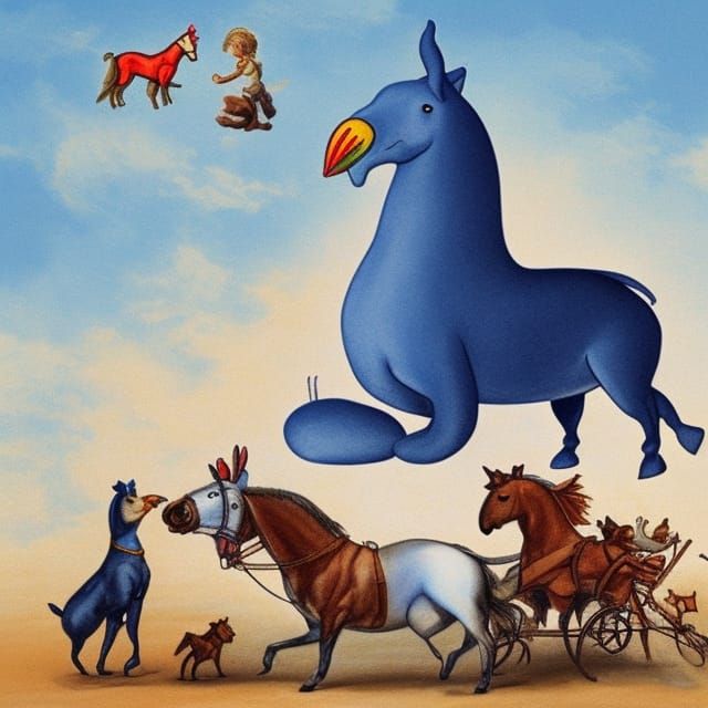 A Dog Rides a Cat Riding a Horse