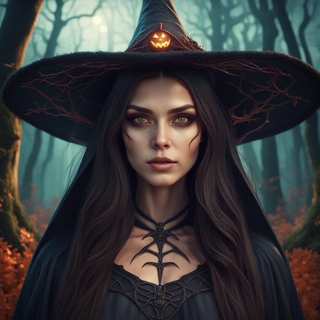 Halloween Witch in Forest: Detailed Matte Painting