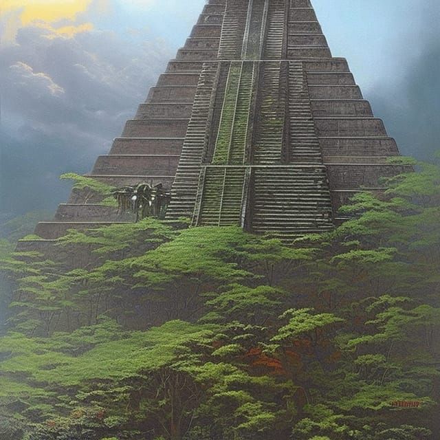 Mayan Pyramid Volcano with Obsidian Totems