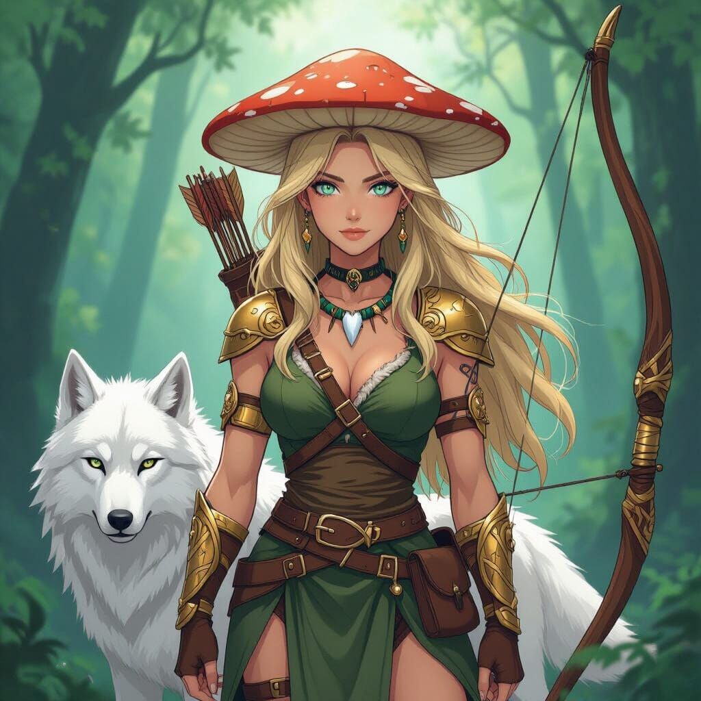 Female Druid in Mystical Forest with White Wolf