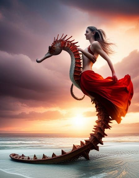 Flamenco Beach: Woman Saves Seahorse, Hyperrealistic Art