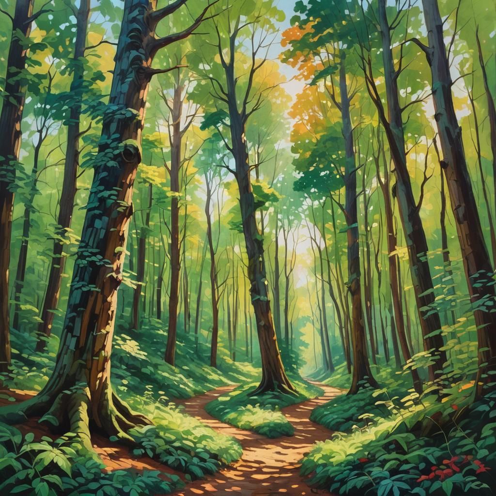 Lush Forest Path in Expressionist Oil Painting
