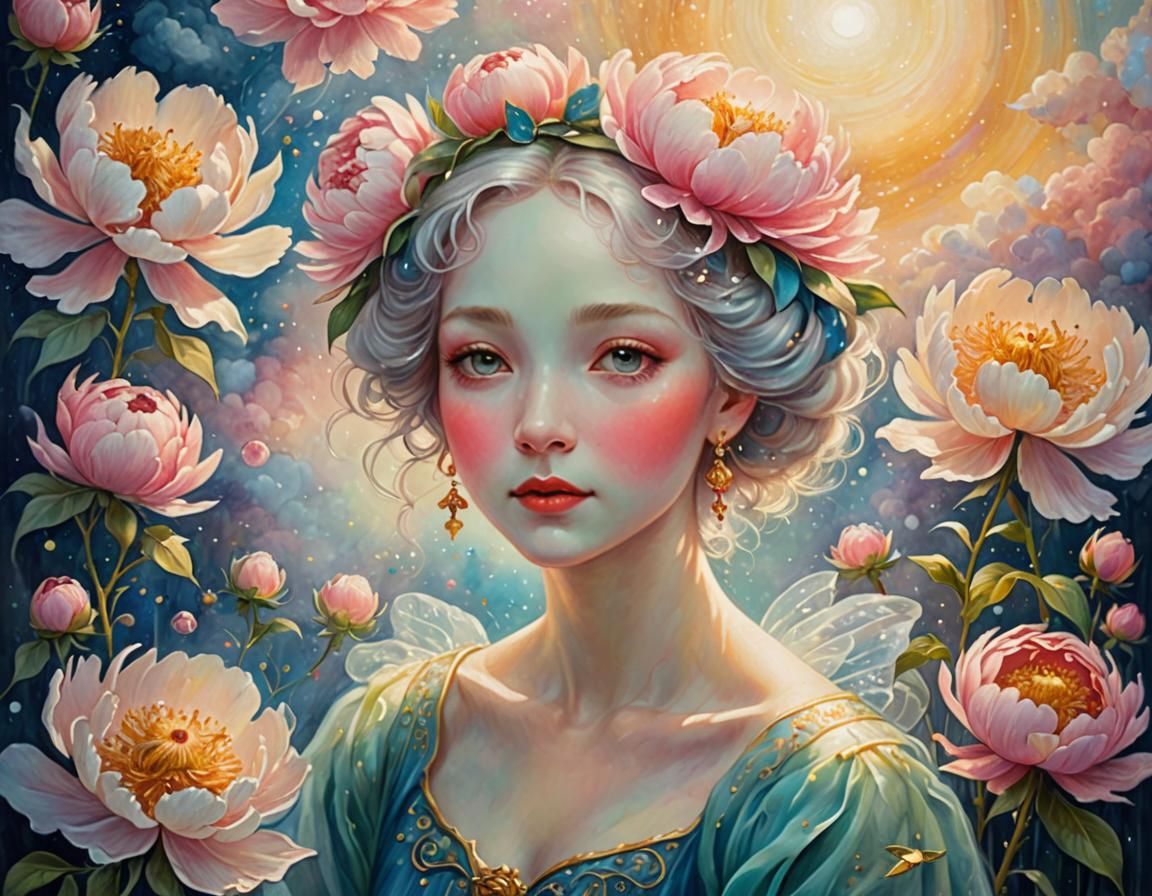 Ethereal Peony Fairy in Oil Painting Style