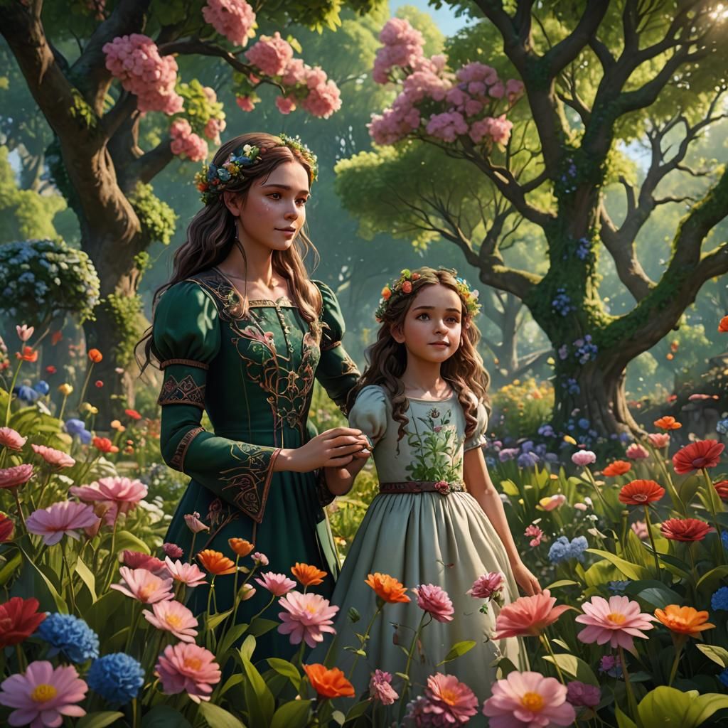 Girl and Cats in Lush Garden: Fantasy Concept Art