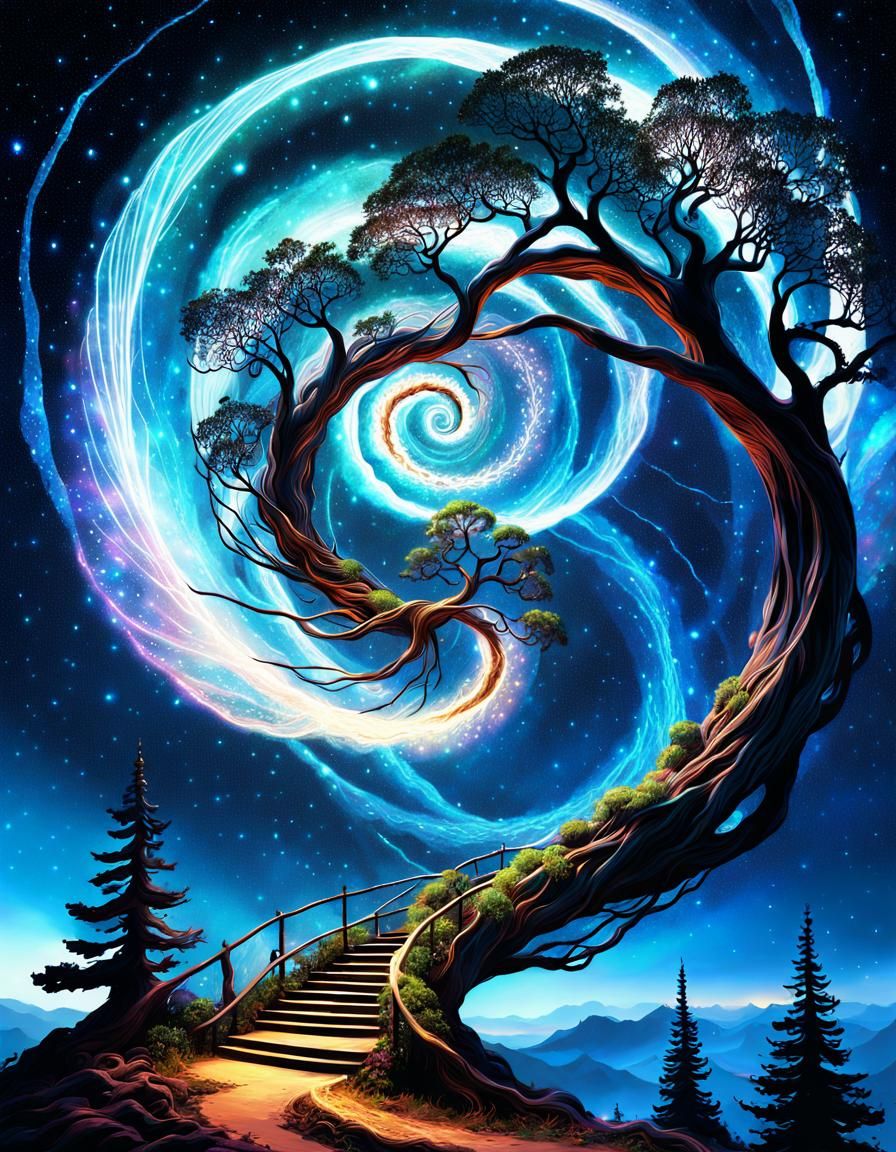 Elegant Nebula Tree with Starry Trails