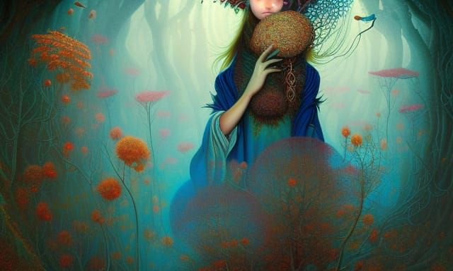 Fairytale Pilgrim Woman with Birds and Flowers