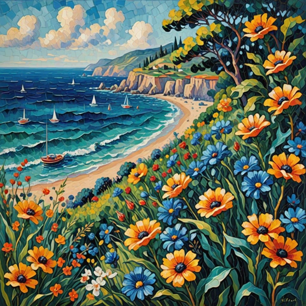 Neo-Impressionist Garden and Sea Scene with Vibrant Colors