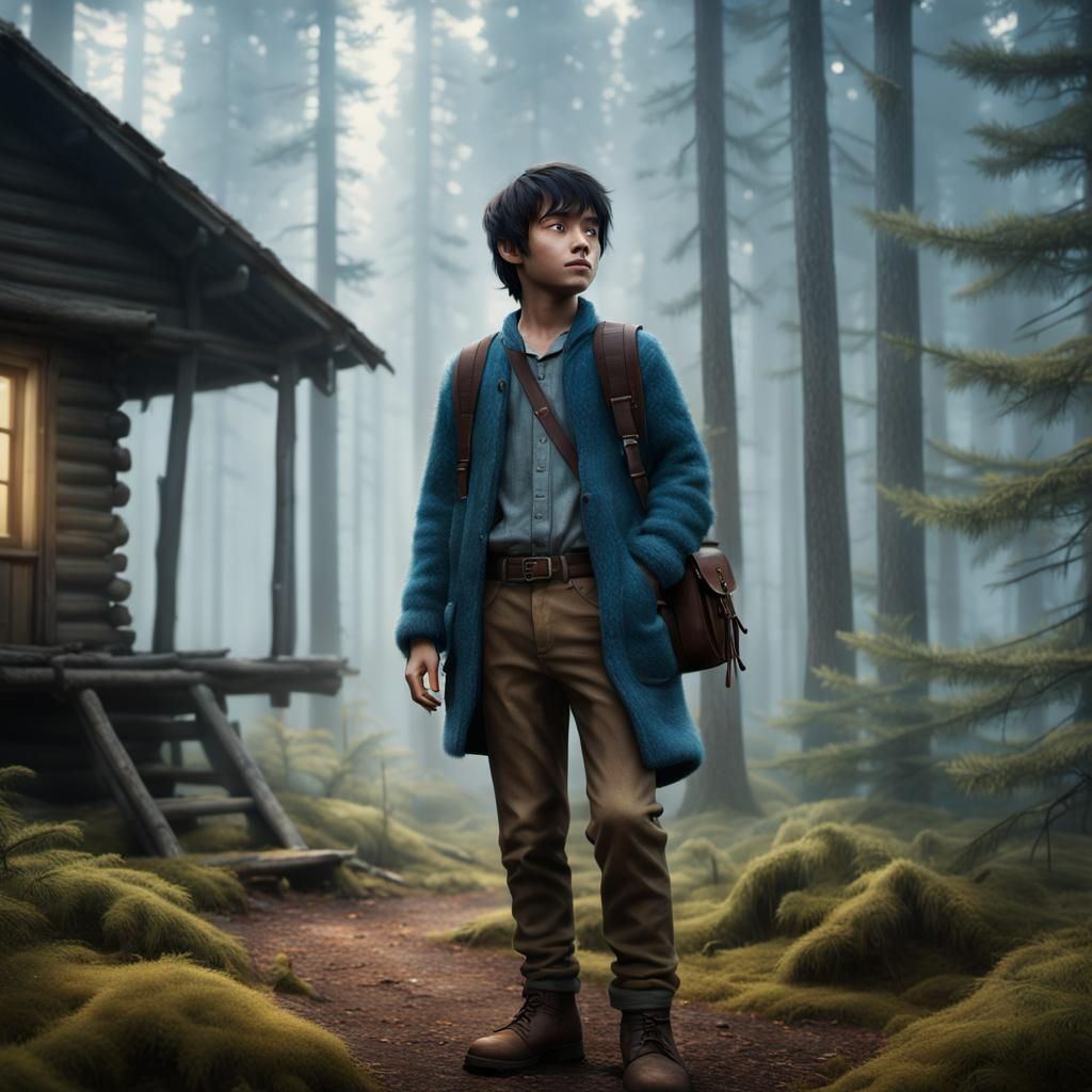 Boy With Satchel in Misty Forest at Golden Hour