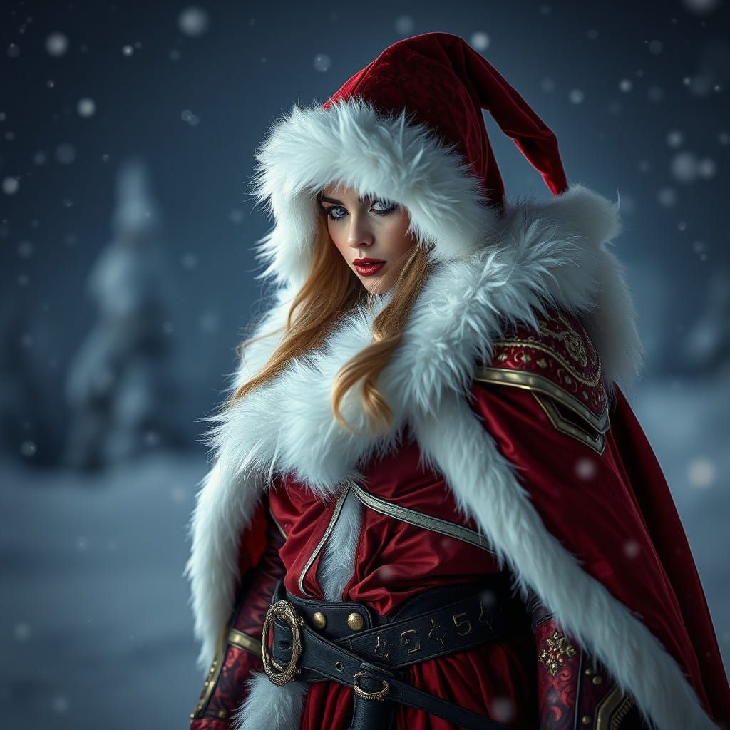 Hyperrealistic Mrs Claus in Red and White Xmas Armor