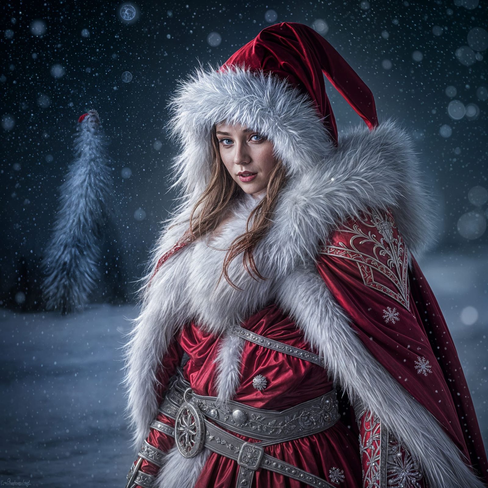 Elegant Hyperrealistic Mrs Claus Warrior in Snowy Night Scen...