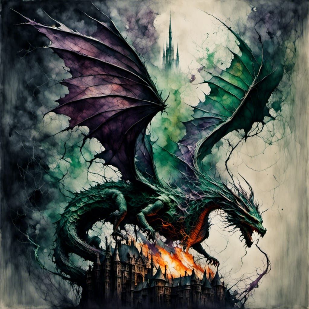 Dragon Over Burning Castle in Digital Painting Style