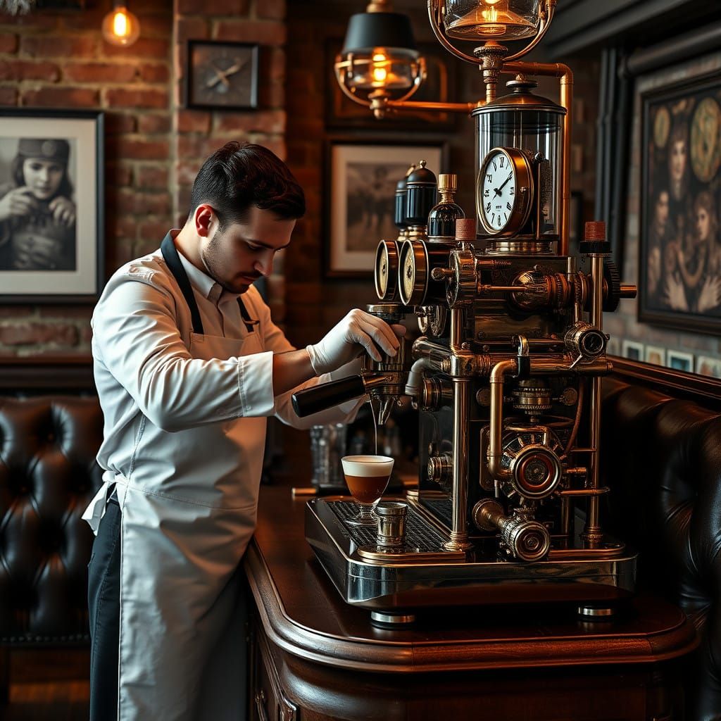Steampunk Barista Pulls Cappuccino from Intricate Rube Goldb...
