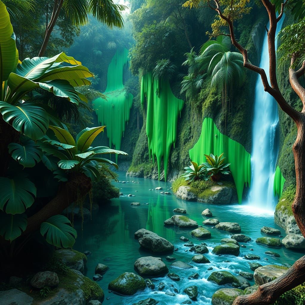 Green Slime Infinite Mirror in Rainforest, Digital Art