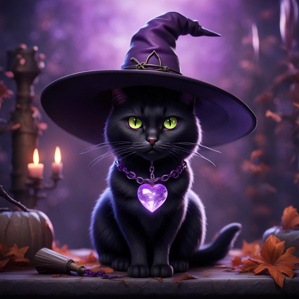 Black Cat in Witch Hat Digital Painting