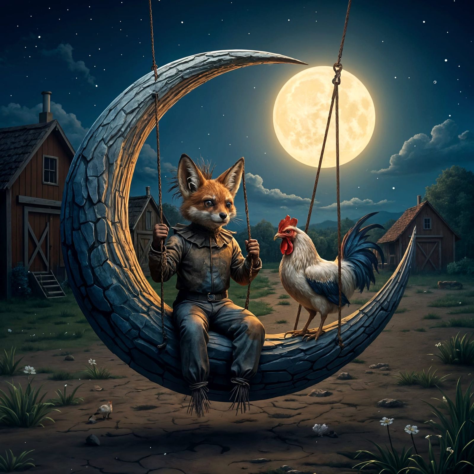 Fox and Chicken on Crescent Moon Swing