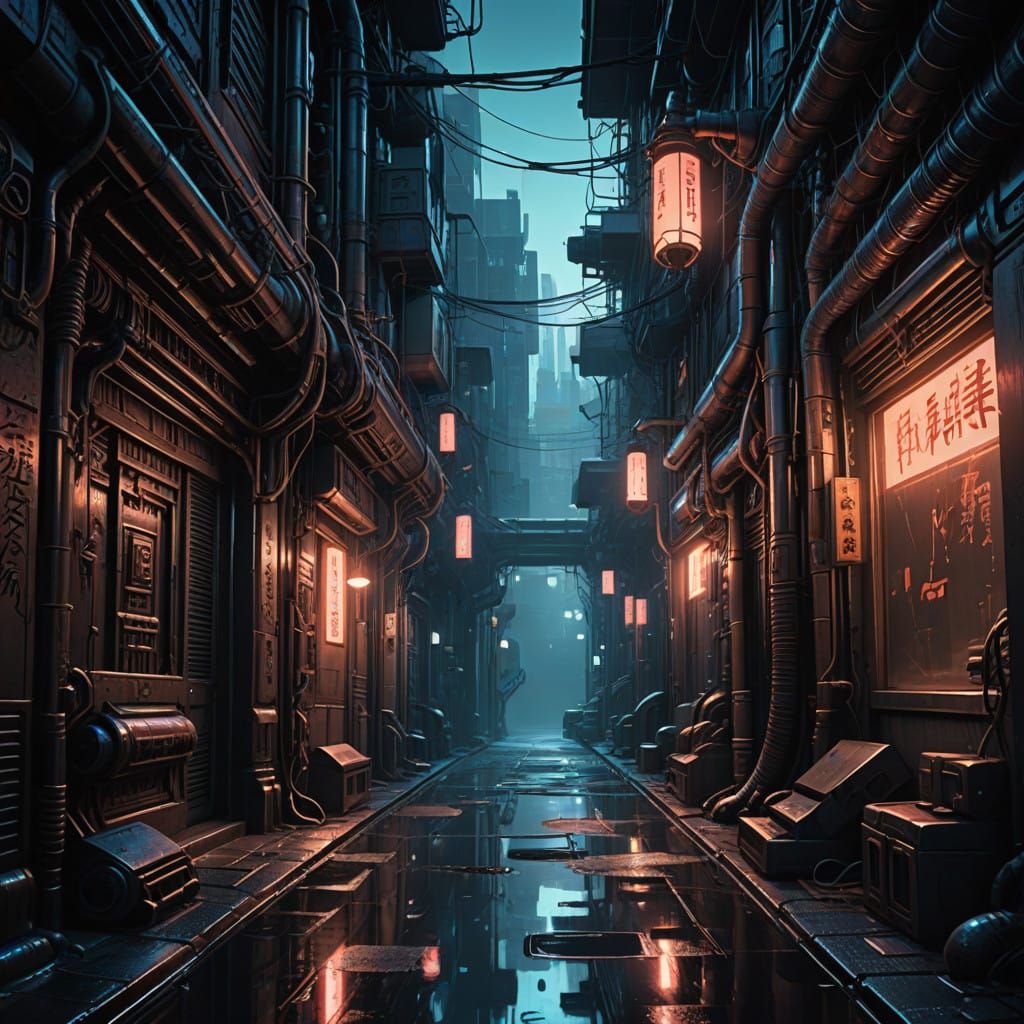 Neon Alleyway at Dusk, in Anime-Inspired Cyberpunk Style