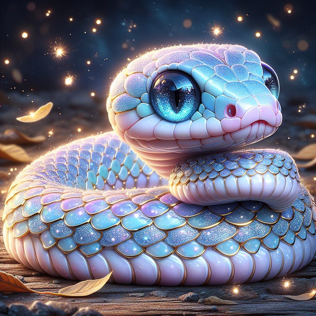 Charming Chibi Snake Amidst Fireflies