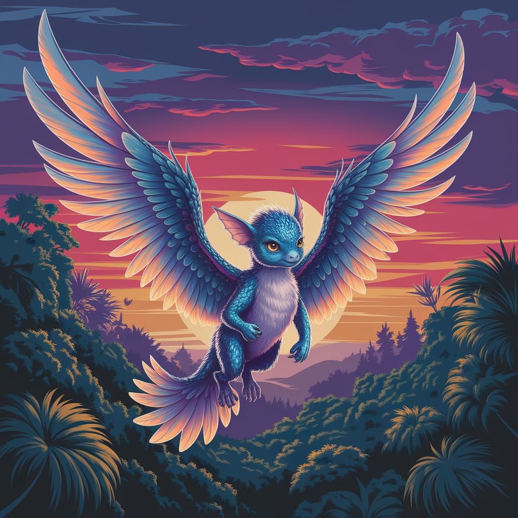 Mythical Iridescent Pnewling in Tropical Sunset