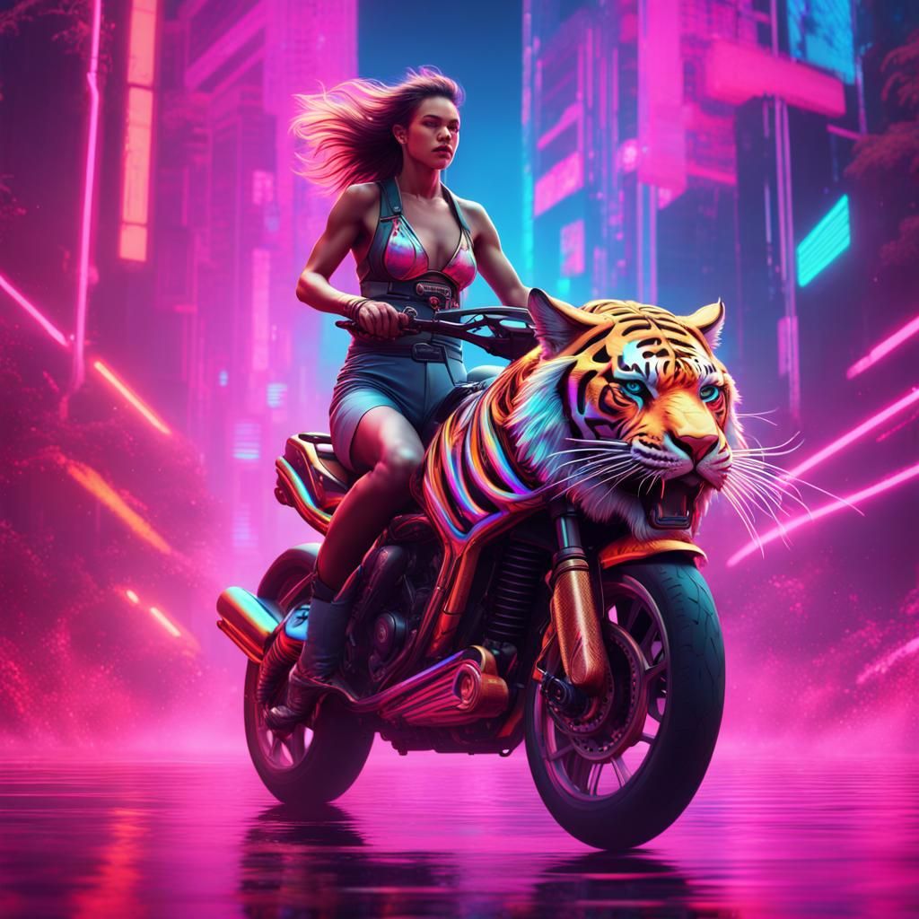 Holographic Woman Rides Tiger in Synthwave Style