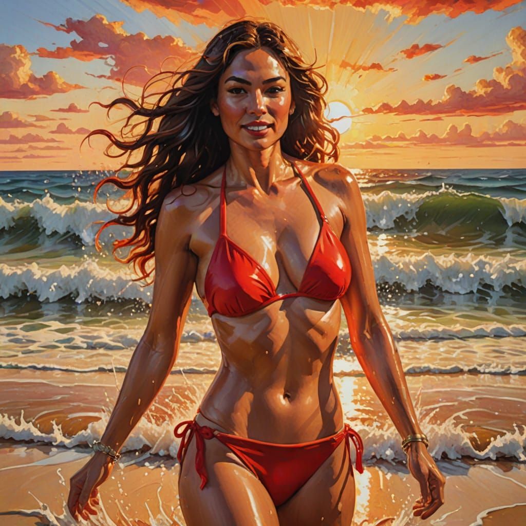 Woman in Red Bikini on Beach, Vibrant Oil Painting