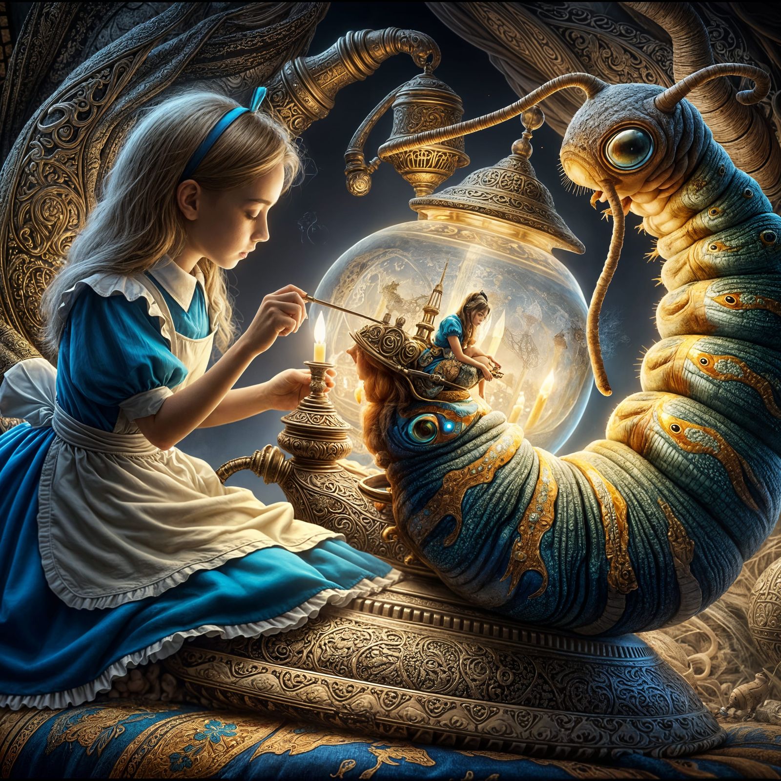 Alice, Caterpillar, and Magic Lamp: Hyperrealistic Digital A...